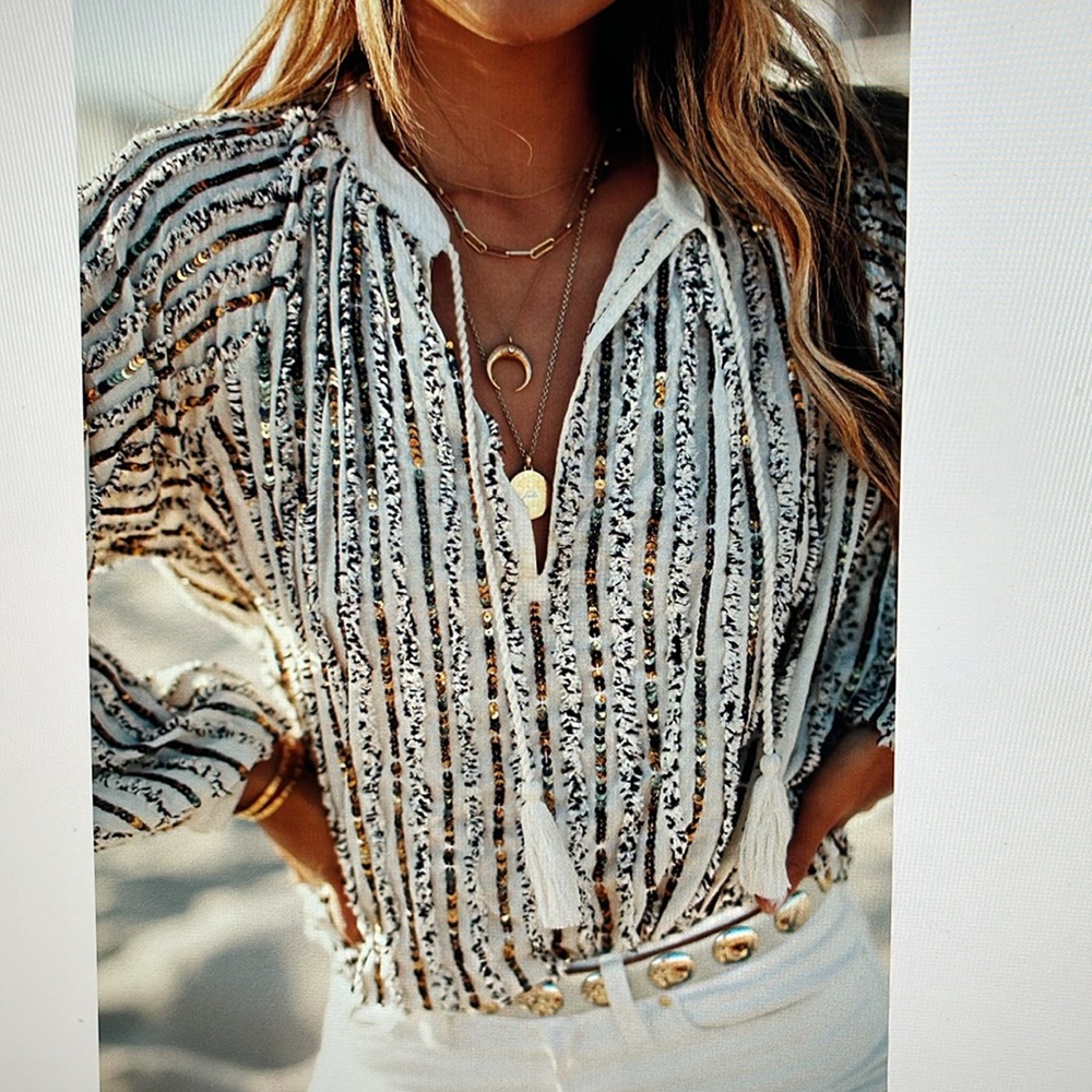 JOHNNY WAS Sequin Peasant Blouse (XS)